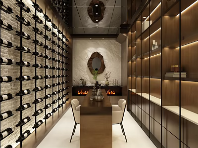 Elegant Wine Cellar Interior With Wooden Racks Neatly Arranged Bottles Decorative Mirror And Central Table 3d model