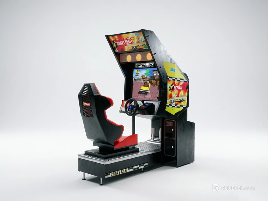Interactive Arcade Amusement Equipment Featuring Red Seat Steering Wheel And Colorful Game Screen 3d model 