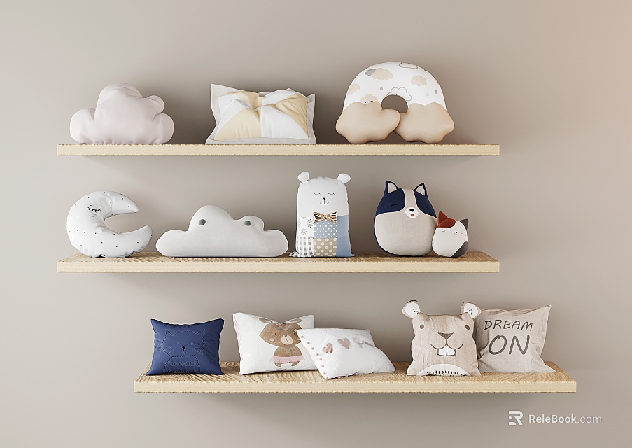 Cute Decorative Pillows with Cloud Moon and Animal Shapes on Wooden Shelves 3d model 