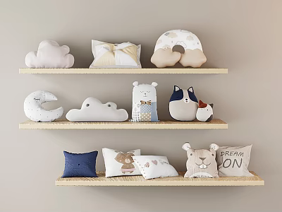 Cute Decorative Pillows with Cloud Moon and Animal Shapes on Wooden Shelves 3d model