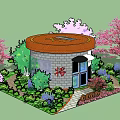 Round Red Roof Tower Building Surrounded By Cherry Blossom Trees And Green Plants