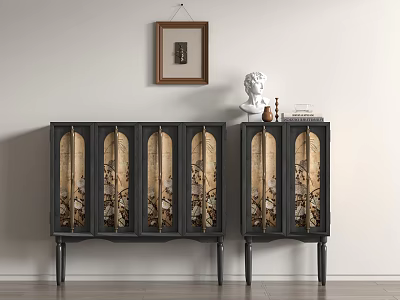 Black Cabinet With Glass Doors Decorative Items White Statue And Framed Wall 3d model