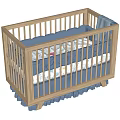 Light Wood Baby Crib With Blue Mattress White Striped Bedding And Frilled Base