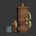 Copper Coffee Pot With Yellow Coffee Tin Orange Tea Packet And Blue Cup Kitchen Supplies