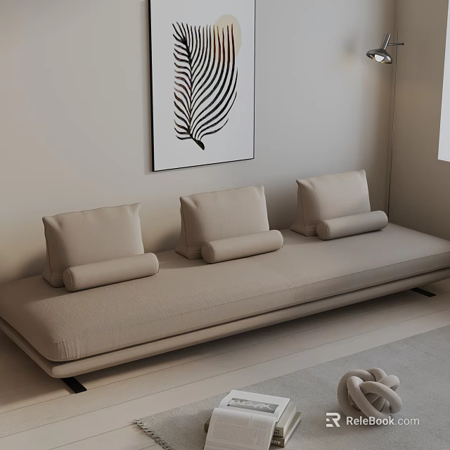 Beige Fabric Three Seater Sofa With Cushions Bolster Pillows And Leaf Pattern Wall Art 3d model 