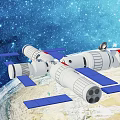 Cartoon Space Station With Blue Solar Panels Orbiting Earth In Starry Outer Space