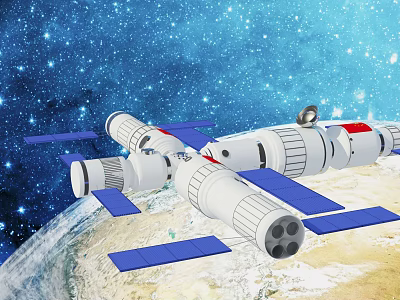 Cartoon Space Station With Blue Solar Panels Orbiting Earth In Starry Outer Space 3d model