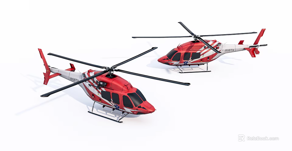 Two Red And White Helicopters Side By Side With Rotors And Fuselage 3d model 