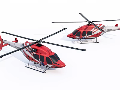 Two Red And White Helicopters Side By Side With Rotors And Fuselage 3d model