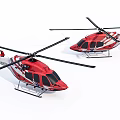 Two Red And White Helicopters Side By Side With Rotors And Fuselage