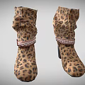 Leopard Print Mid Calf Boots With Block Heel And Checkered Strap Buckle 3d model