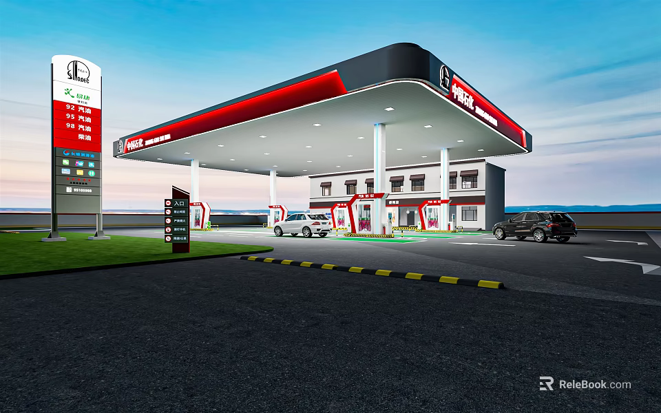 Modern Gas Station Exterior With Red Black Canopy Fuel Pumps And Vehicles 3d model 