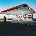 Modern Gas Station Exterior With Red Black Canopy Fuel Pumps And Vehicles