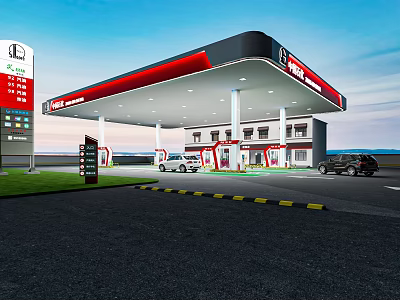 Modern Gas Station Exterior With Red Black Canopy Fuel Pumps And Vehicles 3d model