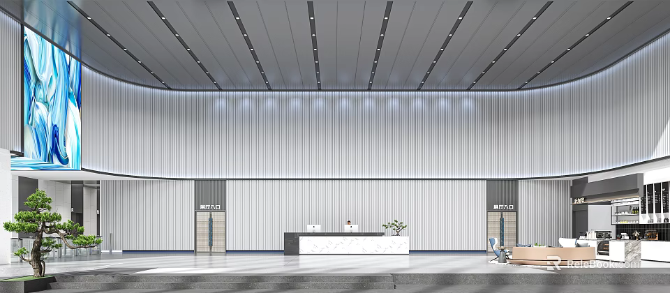 Modern Service Hall Interior Design With Reception Desk And Spacious Reception Area Lighting 3d model 