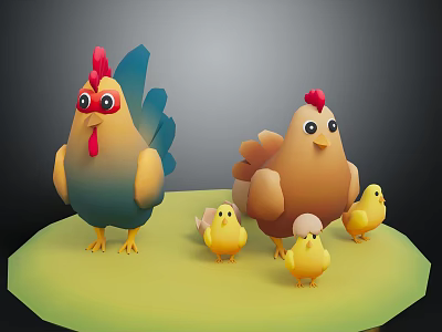 Blue Rooster And Brown Hen Standing With Yellow Chicks On Green Platform 3d model