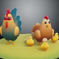 Blue Rooster And Brown Hen Standing With Yellow Chicks On Green Platform