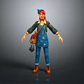 3D Character Model With Blue Overalls Green Top Blue Hat And Brown Bag