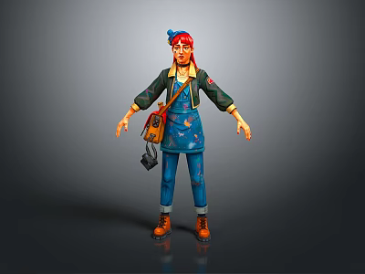 3D Character Model With Blue Overalls Green Top Blue Hat And Brown Bag 3d model