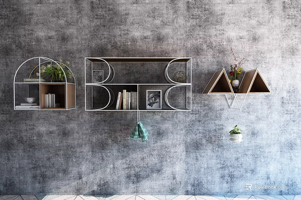 Stylish Different Shaped Wall Cabinets on Gray Wall with Plants Books Photos and Vase 3d model 
