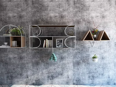 Stylish Different Shaped Wall Cabinets on Gray Wall with Plants Books Photos and Vase 3d model