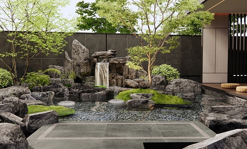 New Chinese-style rockery waterscape rockery fish pond stone courtyard landscape tree water drop stacked stone gallery 3d model