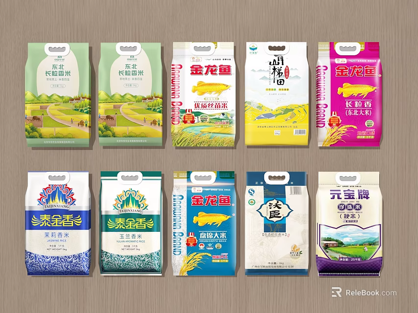 Various Rice Brand Packaging Designs With Different Colors And Logos 3d model