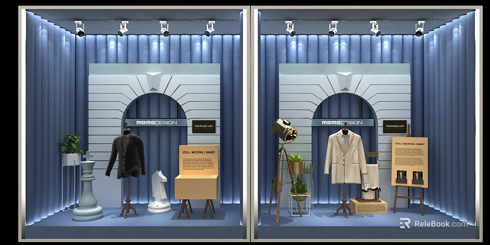 Luxury Store Window Display With Coats Sculpture Table Lamp Green Plant And Signboard 3d model 