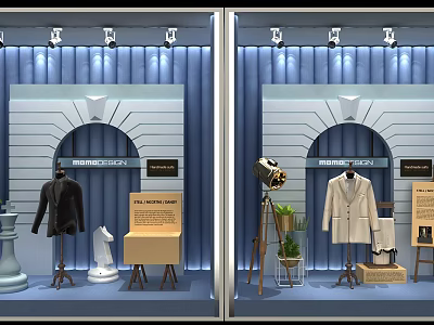 Luxury Store Window Display With Coats Sculpture Table Lamp Green Plant And Signboard 3d model