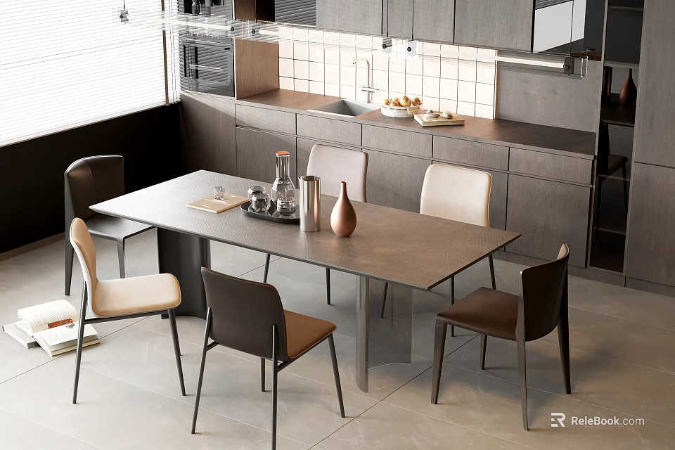 Modern Dining Table And Chairs Set In Kitchen Interior Design With Cabinets 3d model 