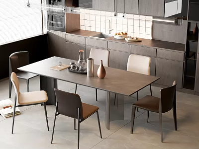 Modern Dining Table And Chairs Set In Kitchen Interior Design With Cabinets 3d model