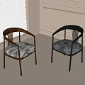 Dining Chairs With Brown And Black Frames And Patterned Seat Cushions By Window