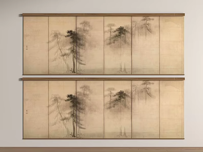 Traditional Ink Painting Pine Tree Pattern Curtains With Two Panel Neutral Background Design 3d model