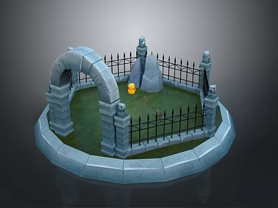 Scenic Circular Stone Fence Landscape With Grass Stone Arches Black Iron Gate Decorative Pillars And Monument 3d model