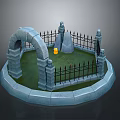 Scenic Circular Stone Fence Landscape With Grass Stone Arches Black Iron Gate Decorative Pillars And Monument