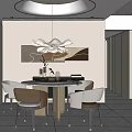 Modern Restaurant Dining Area with Round Table Elegant Chairs Pendant Light and Light Walls