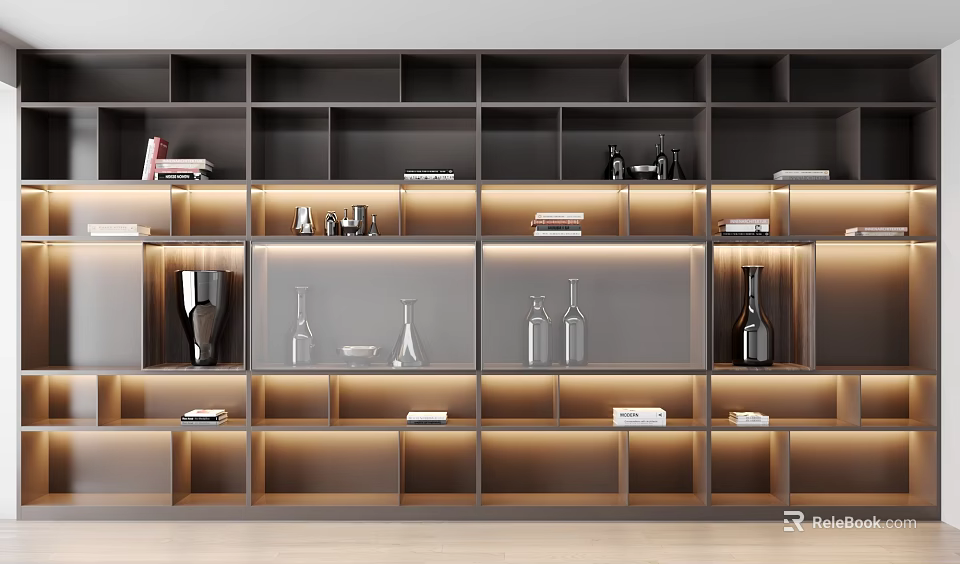 Modern Bookcase Design With Multiple Shelves Decorative Items And Built In Lighting 3d model