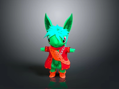 Green Character Creature Plush Toy with Large Ears Teal Hair Red Cape And Orange Shoes 3d model