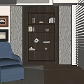 Cozy Study Room With Wooden Bookshelf Blue Armchair And Patterned Wall Decorative Items