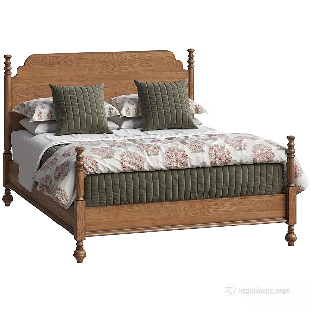 Solid Wood Double Bed Frame with Decorative Posts and Patterned Bedding 3d model