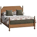 Solid Wood Double Bed Frame with Decorative Posts and Patterned Bedding 3d model
