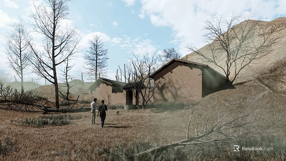 Two People Walking Near Dilapidated Houses With Leafless Trees Barren Grassland Hills And Sky 3d model 