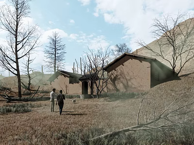 Two People Walking Near Dilapidated Houses With Leafless Trees Barren Grassland Hills And Sky 3d model