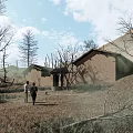 Two People Walking Near Dilapidated Houses With Leafless Trees Barren Grassland Hills And Sky