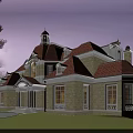 Luxury Detached Villa With Stone Exterior Red Roof Evening Lighting And Lawn Garden Driveway