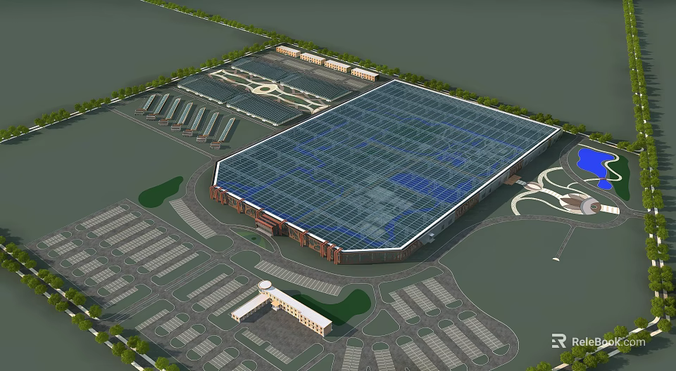 Industrial Factory Building With Glass Roof Solar Panels Parking Lots and Entrance Area 3d model 