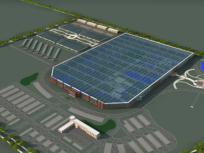 Industrial Factory Building With Glass Roof Solar Panels Parking Lots and Entrance Area 3d model