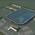 Industrial Factory Building With Glass Roof Solar Panels Parking Lots and Entrance Area