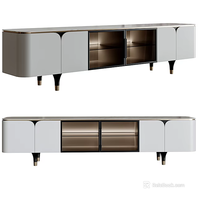 Contemporary TV Stand With Metal Legs Glass Shelves And Storage Cabinets 3d model 