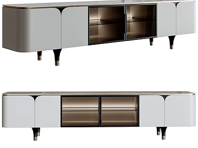 Contemporary TV Stand With Metal Legs Glass Shelves And Storage Cabinets 3d model